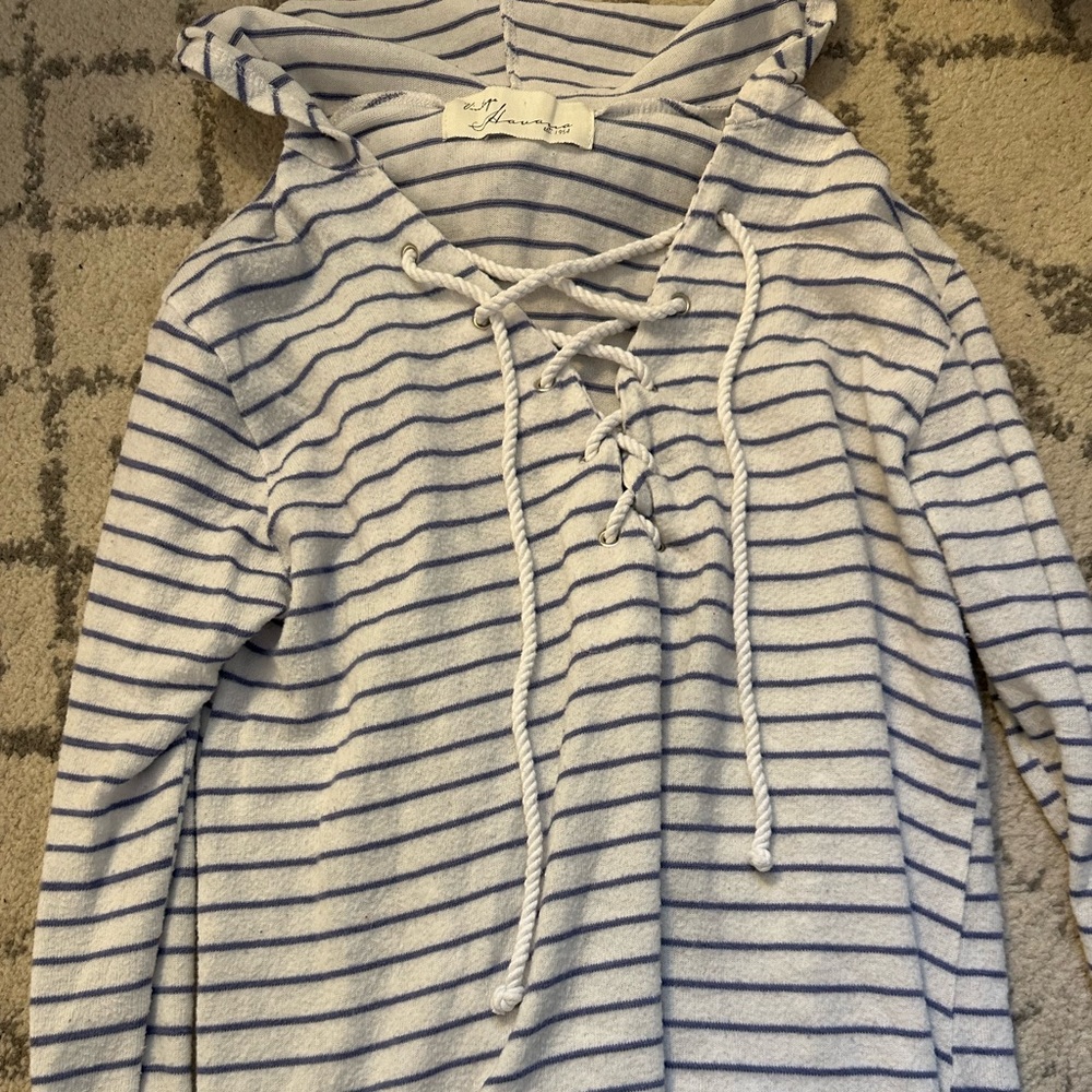Vintage Havana Soft Blue Striped Lace Up Hoodie